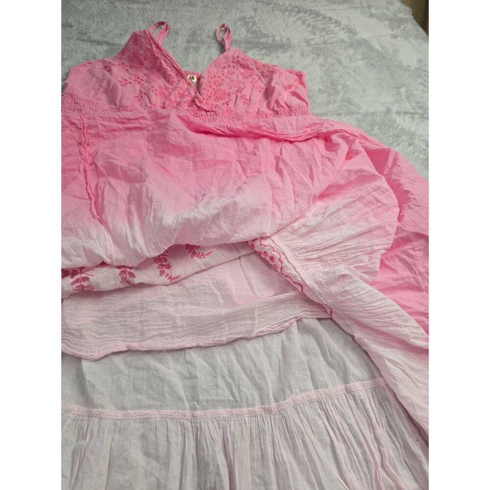 Women's Plus Sz 1X Pink Ombre Cotton Maxi Dress Boho Eyelet Lace Tiered Sundress - Picture 7 of 11